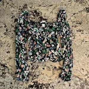 H&M Black and Green Ruched Long Sleeve Blouse